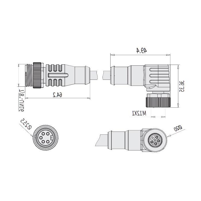 M12 5Pin 母头90°L-coded转7/8"5Pin 公头直型A-coded、双端预铸PVC非柔性电缆、黄色护套、64L883-XXX