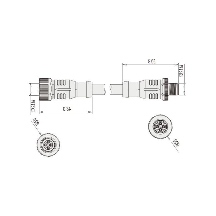 M12 4Pin S-coded、母头直型转公头直型、双端预铸PVC非柔性电缆、灰色护套、64SD01-XXX