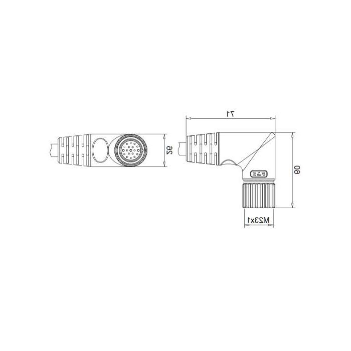 M23 19Pin、母头90°、单端预铸PUR柔性电缆、黑色护套、68LB41-XXX