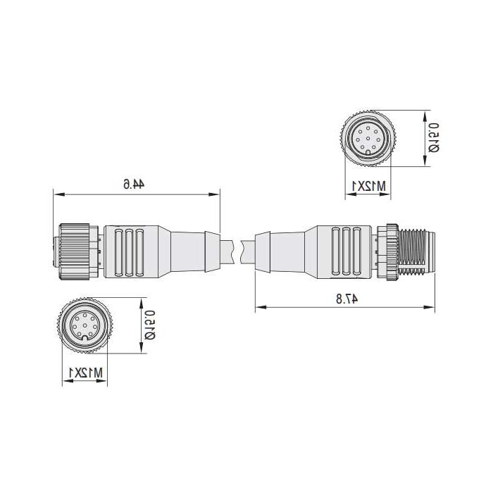 M12 8Pin、母头直型转公头直型、双端预铸PUR柔性电缆、带屏蔽、黑色护套、64D385-XXX