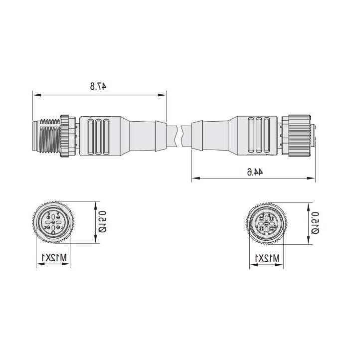 M12 4Pin、母头直型转公头直型、双端预铸PVC非柔性电缆、灰色护套、64D183-XXX