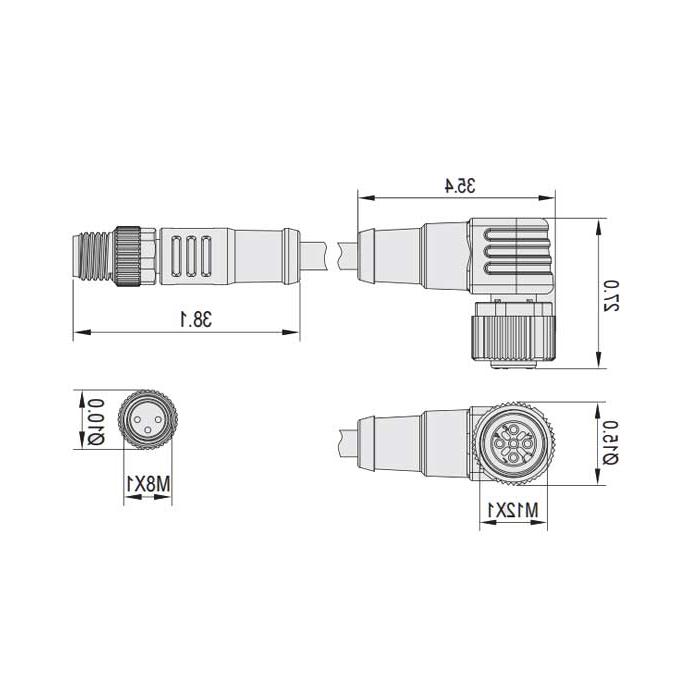 M12母头90°带LED灯转M8公头直型、3Pin、双端预铸PUR柔性电缆、黑色护套、64D041-XXX 