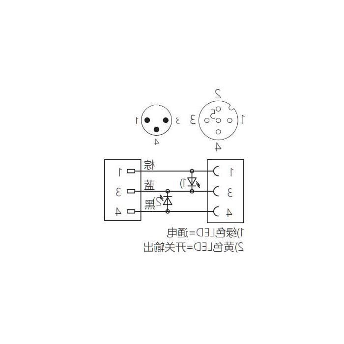 M12母头90°带LED灯转M8公头直型、3Pin、双端预铸PUR柔性电缆、黑色护套、64D041-XXX 