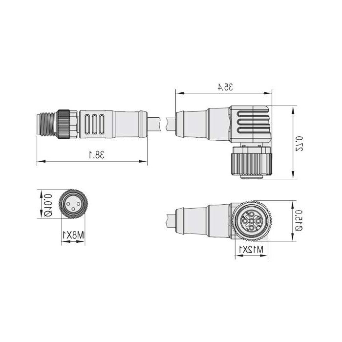 M12母头90°转M8公头直型、3Pin、双端预铸PUR柔性电缆、黑色护套、64D021-XXX